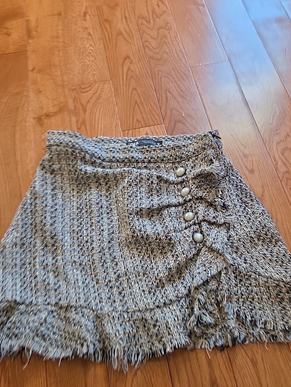 Zara Black and White Tweed Mini Skirt with Button Accents